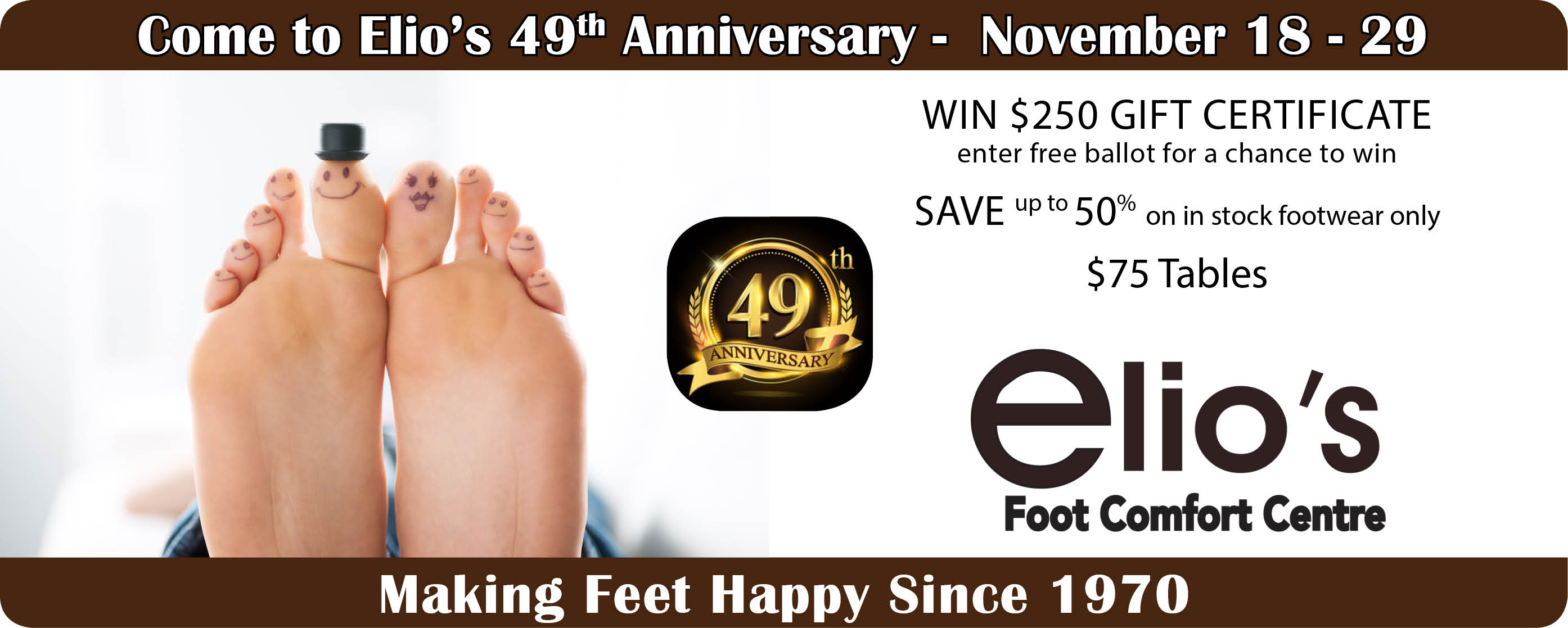 Elio’s 49th Anniversary Event | Win | Save | Celebrate Foot Health
